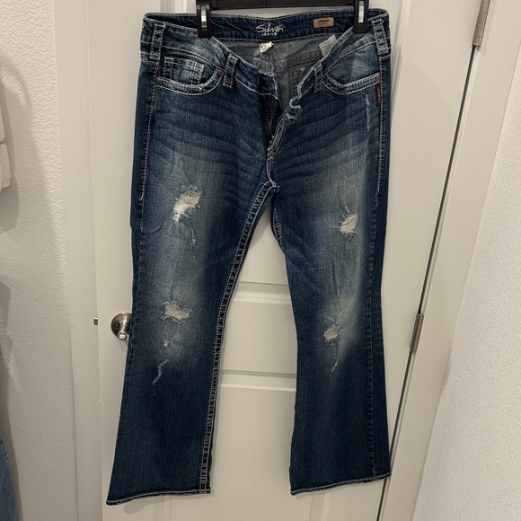 Silver Jeans Dark Blue Distressed Bootcut Jeans - Picture 1 of 6